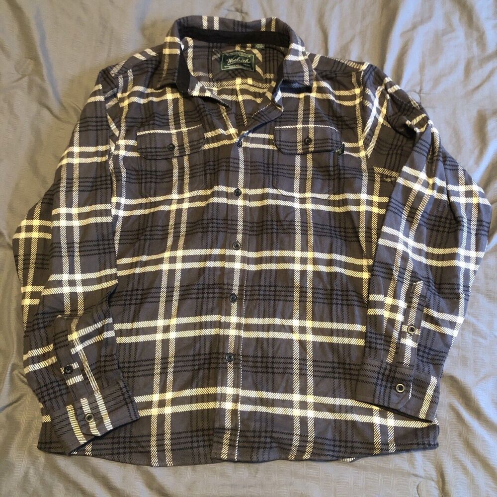 Woolrich Shirt Mens XL Gray White Flannel Button Up Long Sleeve Pocket Plaid